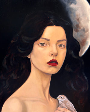 "Wild Magic Hums Behind Her Eyes" Woman holding a bird with a moon Oil Painting detail by Danny Gordo