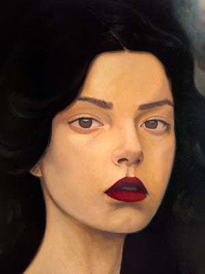 "Wild Magic Hums Behind Her Eyes" Woman Oil Painting detail by Danny Gordo
