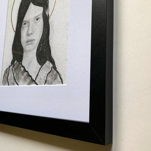 young woman portrait charcoal drawing black frame