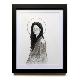 woman portrait charcoal drawing with halo in black frame