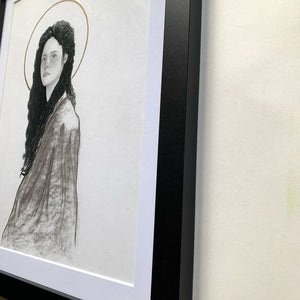 woman portrait charcoal drawing with halo black frame detail