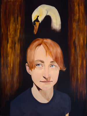 Oil portrait painting of a woman with a swan above her head | Her Hands Chose Fire Over Forgetting