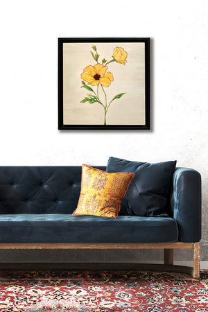 yellow flowers oil painting in black frame on wall