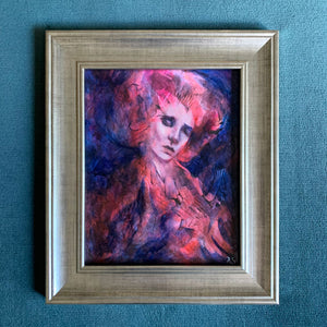 Our Hands Are Blistered Blooms - emotional art colorful blue, pink, red acrylic painting in silver frame on teal wall by Aimee Schreiber