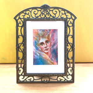 Creatures captives colors emotional art colorful acrylic painting elf in ornate vintage brass frame aimee schreiber 