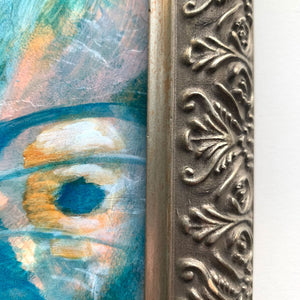 'Our Skin is Melted Moons' emotional art teal, yellow, green colorful acrylic painting in antique silver frame detail by aimee schreiber