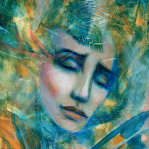 'Our Skin is Melted Moons' emotional art teal, yellow, green colorful acrylic painting of female face with butterfly wings portrait detail by aimee schreiber