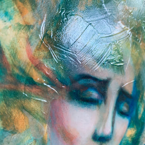 'Our Skin is Melted Moons' emotional art teal, yellow, green colorful acrylic painting of female face with butterfly wings texture detail by aimee schreiber