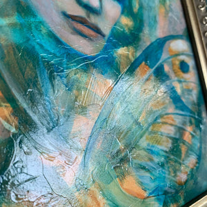 'Our Skin is Melted Moons' emotional art teal, yellow, green colorful acrylic painting of female face with butterfly wings texture detail by aimee schreiber