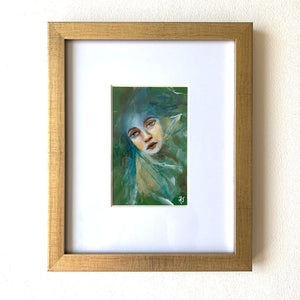 We are rivers and rain emotional art colorful green and blue acrylic painting portrait in gold frame with white mat by Aimee Schreiber