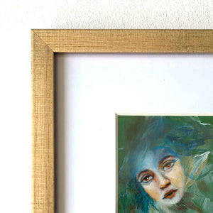 We are rivers and rain emotional art colorful green and blue acrylic painting portrait in gold frame with white mat detail by Aimee Schreiber