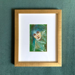 We are rivers and rain emotional art colorful green and blue acrylic painting portrait in gold frame with white mat on teal wall by Aimee Schreiber