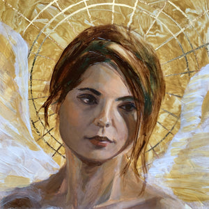 angel art by Aimee Schreiber - yellow sunrise angel portrait painting