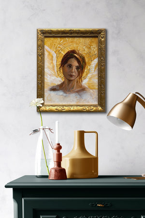angel art yellow sunrise angel painting in gold frame