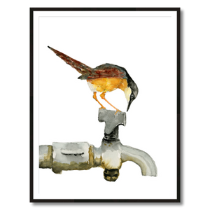 ashy prinia bird on faucet art print framed 130x40