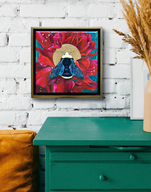 obscure bumblebee painting with red rhododendron flowers in gold frame hanging on wall
