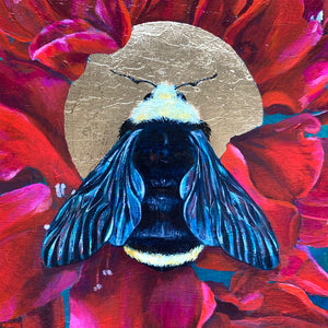 obscure bumblebee painting with red rhododendron flowers and gold leaf halo