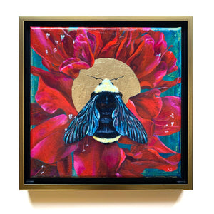 obscure bumblebee painting with red rhododendron flowers