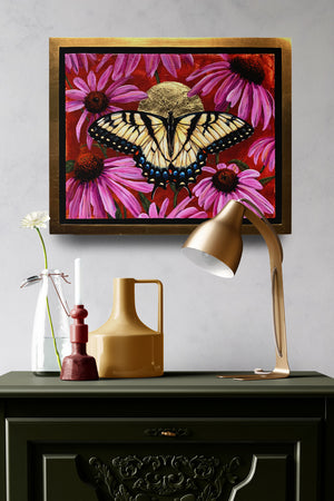 butterfly painting swallowtail in gold frame on wall over dresser