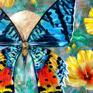 butterfly painting madagascan sunset moth yellow hibiscus gold leaf detail