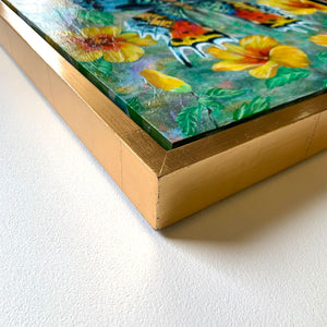 butterfly painting madagascan sunset moth yellow hibiscus gold float frame detail