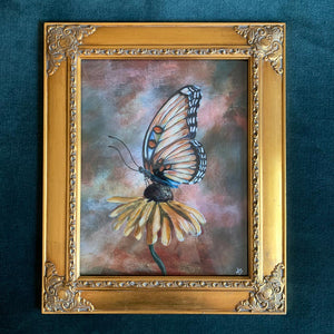 ethereal butterfly yellow flower embellished art print in antique gold frame by Aimee Schreiber