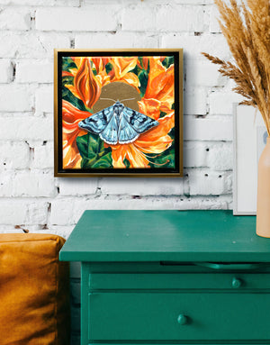 cerulean looper moth orange rhododendron painting framed on brick wall