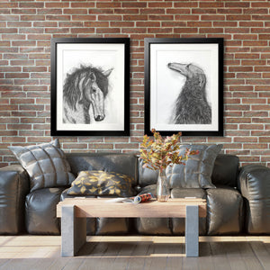 charcoal animal drawings of horse and dog on brick living room wall