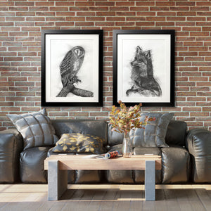 charcoal animal drawings owl fox on brick living room wall