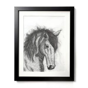 charcoal drawing horse original in black frame