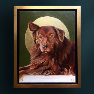 Dog pet portrait painting on green background with gold leaf halo