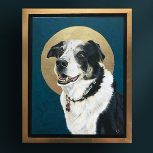 Dog pet portrait painting on teal background with gold leaf halo