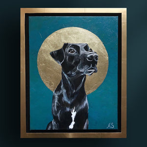Black Dog pet portrait painting on teal background with gold leaf halo