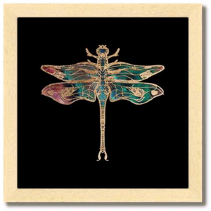 10 inch square Gold Foil Galactic Dragonfly Fine art print by Aimee Schreiber with natural maple wood frame