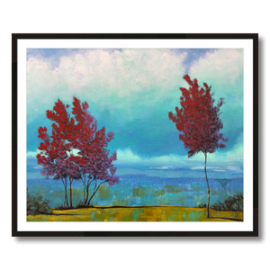 echoes red trees teal clouds landscape art print framed 30x24