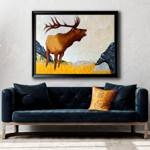 elk painting on canvas in black frame over teal sofa -Abundance- by Danny Schreiber