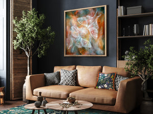ethereal moth art print over sofa