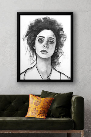 female portrait art print charcoal drawing wall art framed over sofa