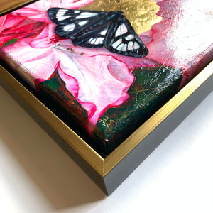 forester moth pink rhododendron painting gold float frame detail