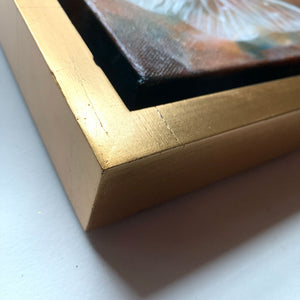 frame detail of ethereal moths colorful original painting by Aimee Schreiber in a gold floater frame