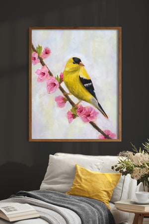 goldfinch bird art print framed on wall