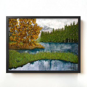 landscape painting misty forest trees water in black frame