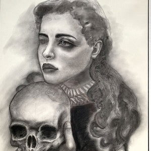 memento mori woman holding skull charcoal drawing detail
