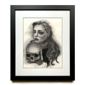 memento mori woman holding skull charcoal drawing by Danny Schreiber