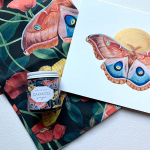 midnight garden moth poppy tea towel art print candle gift set