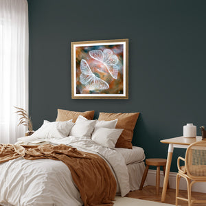 Mirror I two ethereal white moths art print on green bedroom wall aimee schreiber