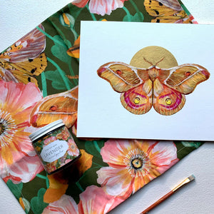 morning garden moth flowers tea towel art print candle gift set