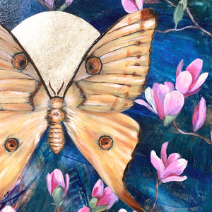 moth painting comet moth magnolia gold leaf detail