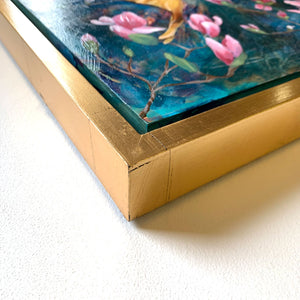 moth painting comet moth magnolia in gold leaf frame detail