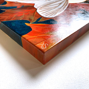 moth painting white echo moth and red maple leaves canvas edge detail